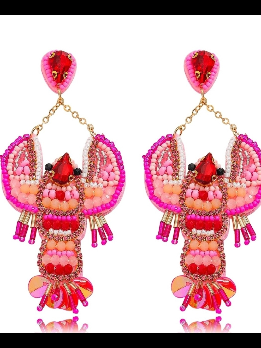 Beaded Pink Red Lobster Drop Earrings - Women Jewelry